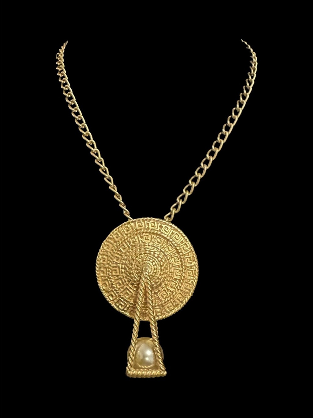 Vintage Gold Medallion Brooch/Pendant Necklace with Pearl Accent - Women Jewelry